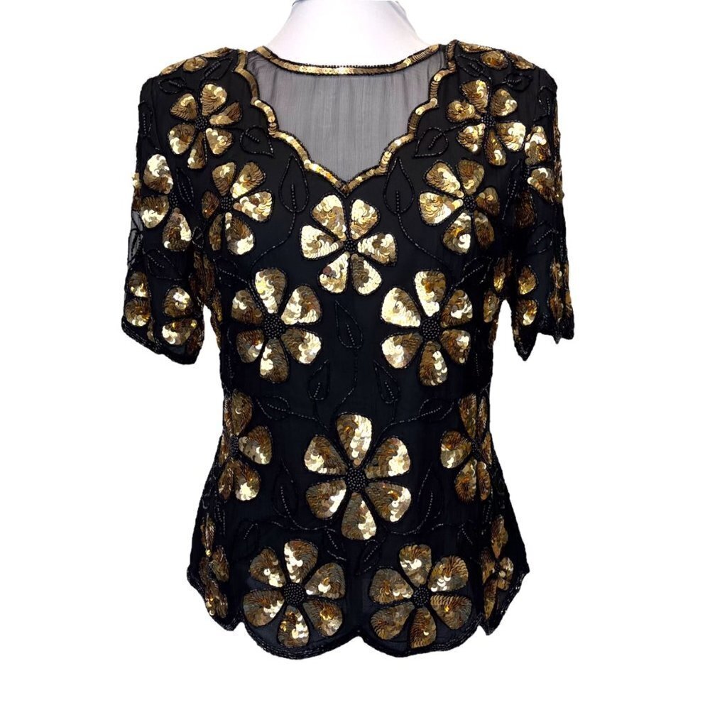 Vintage Royal Feelings Silk Beaded Sequin Blouse Floral Daisy Design Size LARGE
